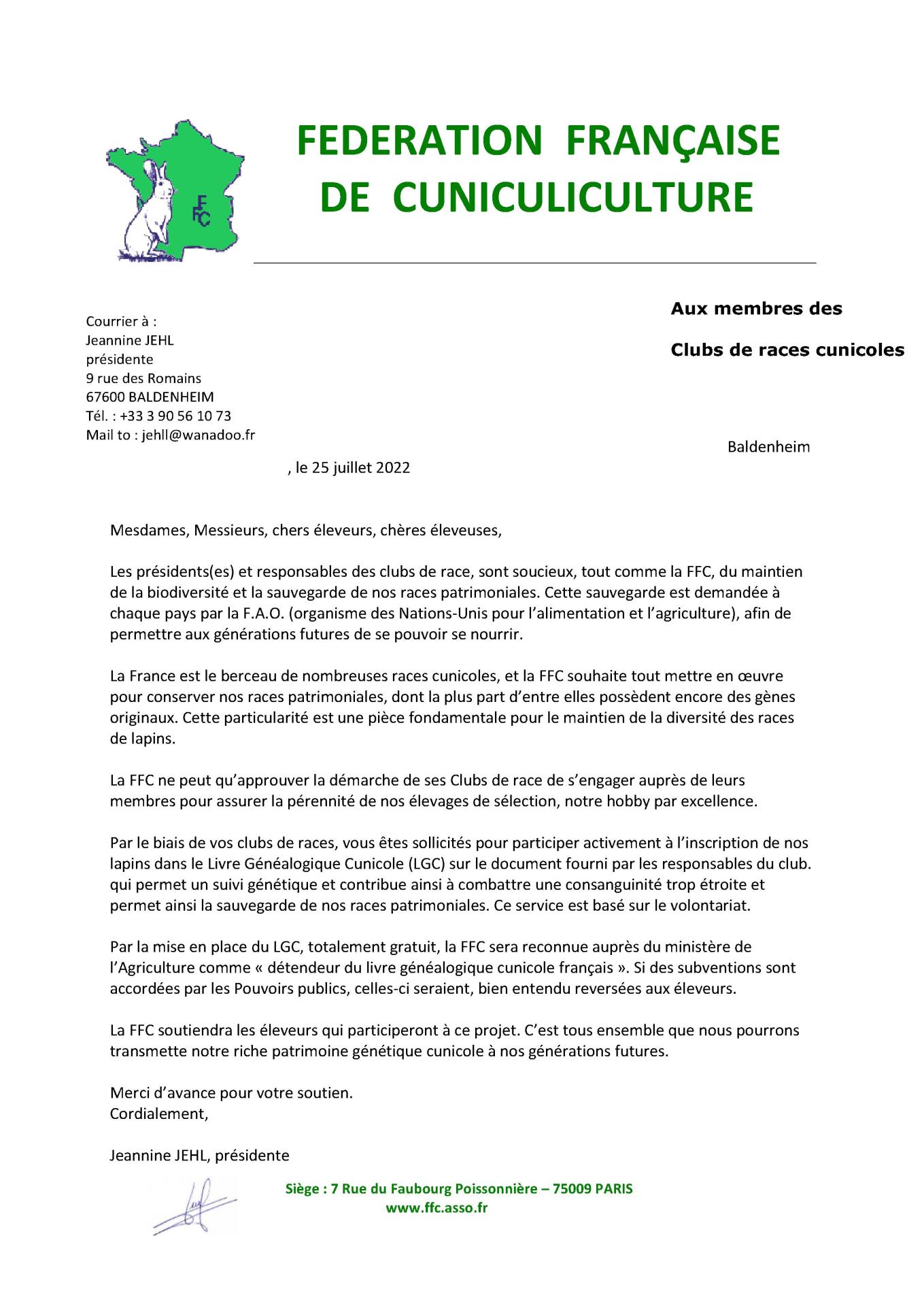 Lettre lgc aux presidents de clubs